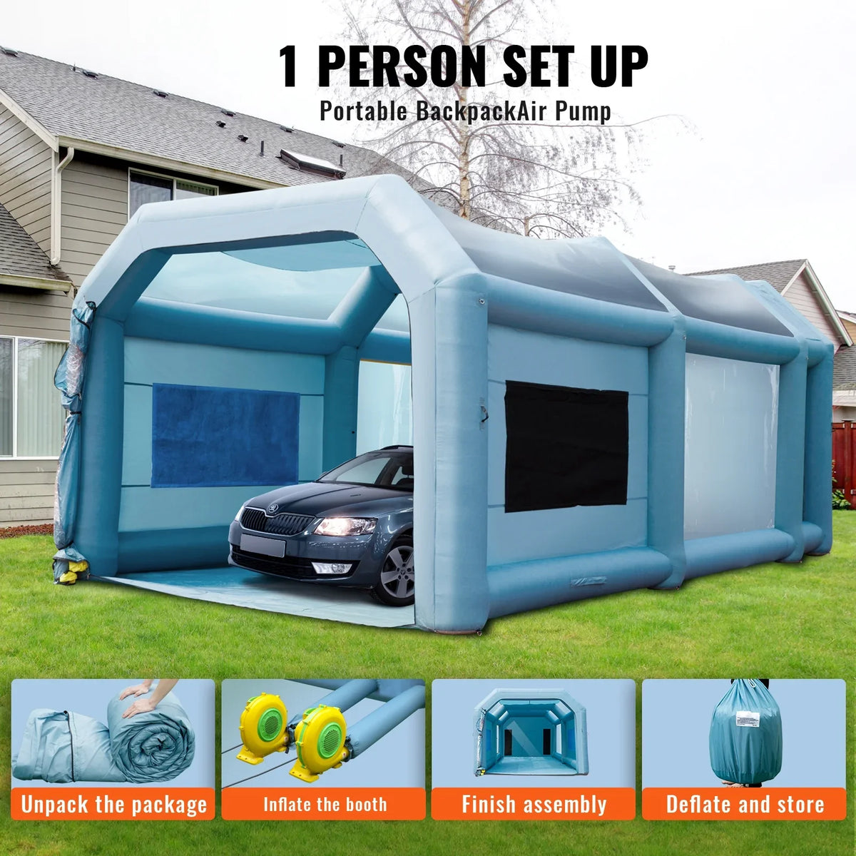 SKYSHALO Inflatable Paint Booth 26x15x11ft Inflatable Spray Booth Car Paint Tent with 750W+950W Filter System Blower