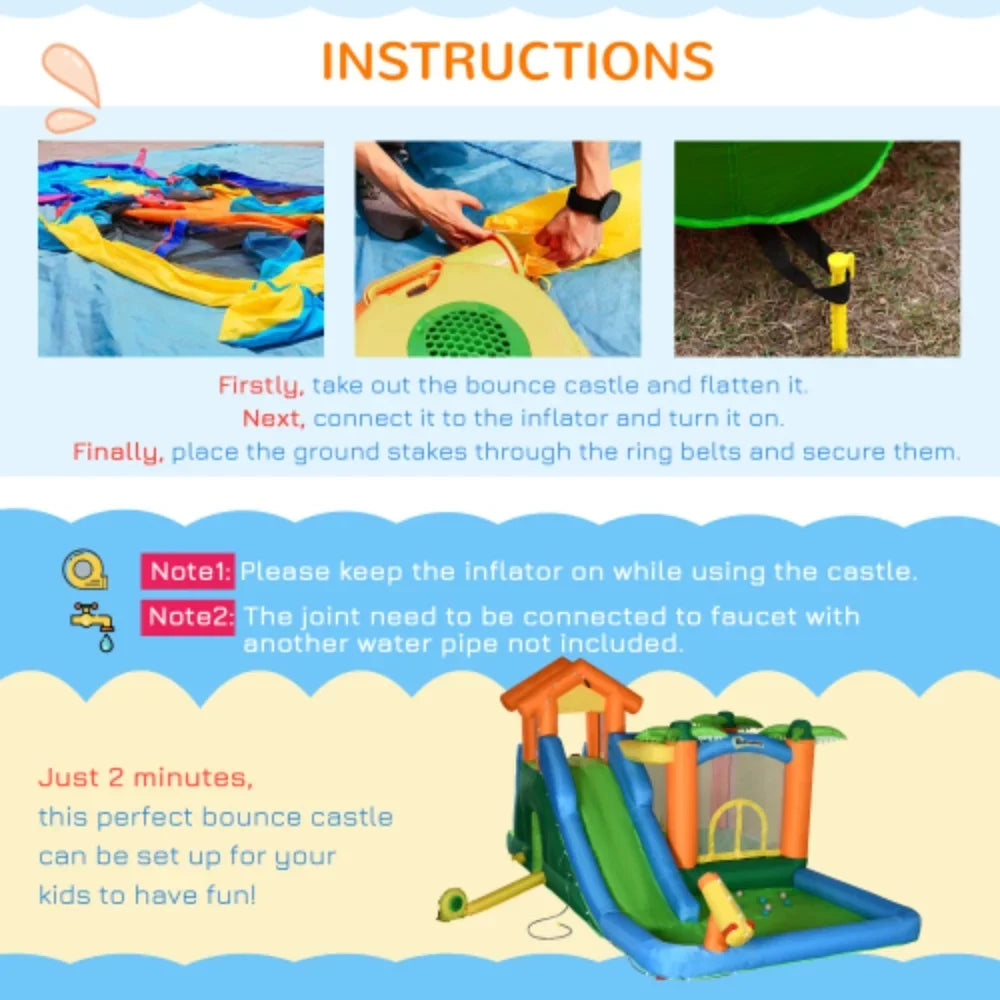 Outsunny 6-in-1 Tropical Inflatable moisture Slide Summer Theme Jumping Castle Includes Floating Ball Slide Trampoline Pool Cannon Climbing Wall with Carry Bag, Repair Patches and 450W Air Blower
