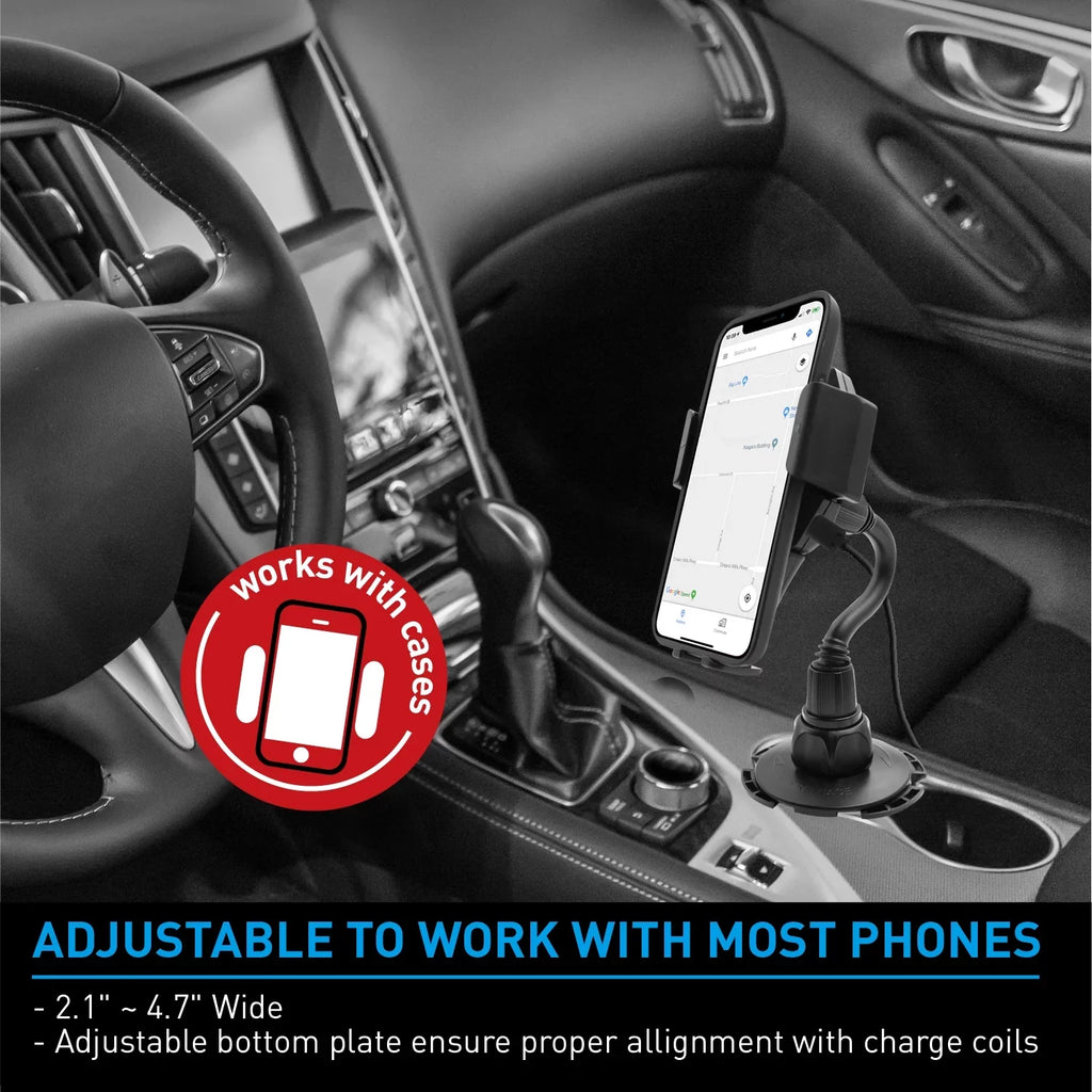 Macally Car Cup Holder Smartphone Mount with Wireless Qi Charger for  iPhone 14 13 X Pro Max mini SE 8 Plus,  Galaxy Note S23 S22 Ultra Plus 5G, Tablets 10.5" Wide