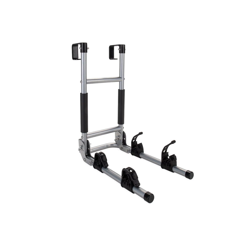 Camco Camper/RV Ladder Mount Bike Rack | Holds Up to 2 Bikes | Black & Silver (51492)