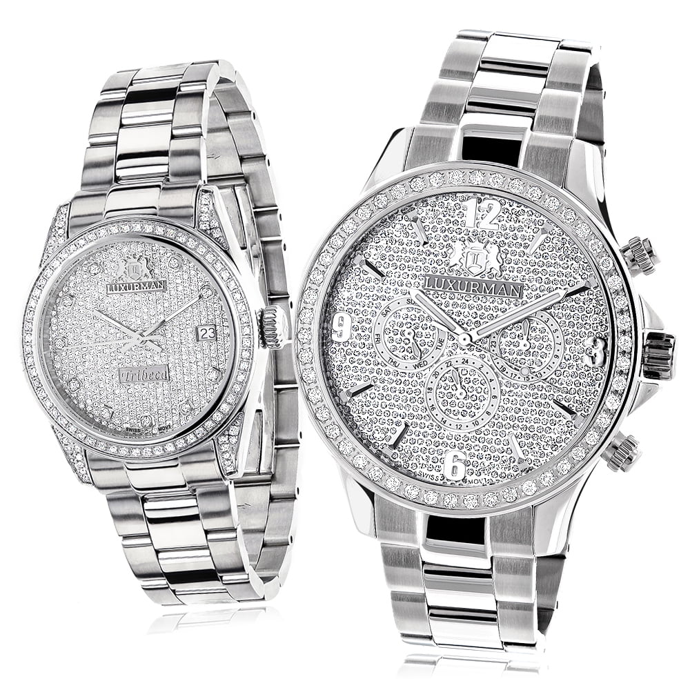 His and Hers Watches: Stainless Steel Diamond Watch Set 3.5ct