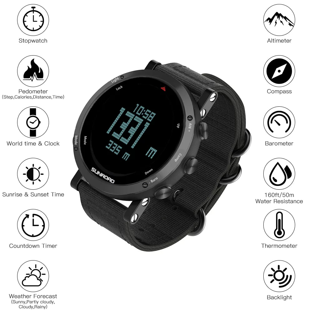 SUNROAD Barometer Altimeter Compass Thermograph elements Forecast Men Watch 50meters moisture-immune Multifunctional Sports Watch for Mountaineering Running Trekking Camping