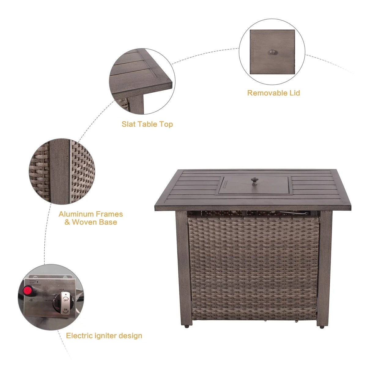 5 Piece Patio Furniture Set with Fire Pit Table, 4 Wicker Rocking Motion Chairs & 33.8"x27.2" 15000 BTU Propane Gas Firepit Table, All-climate Outdoor Conversation Set for Yard Garden Deck