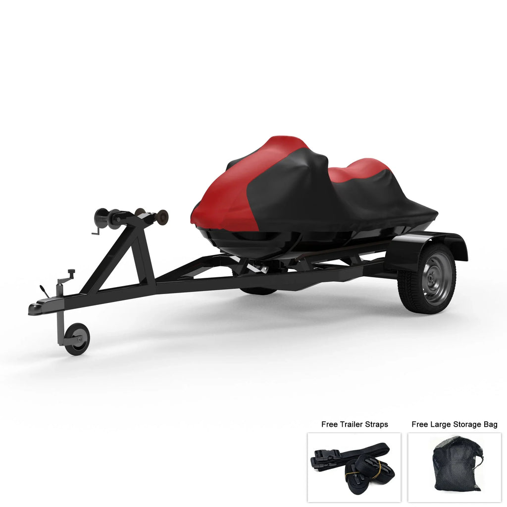 Weatherproof Jet Ski wrap For SEA DOO GTX SC 2005 - RED / Black Color - All atmospheric conditions - Trailerable - Protects from Rain, Sun, UV Rays, And More! Includes Trailer Straps And Storage Bag