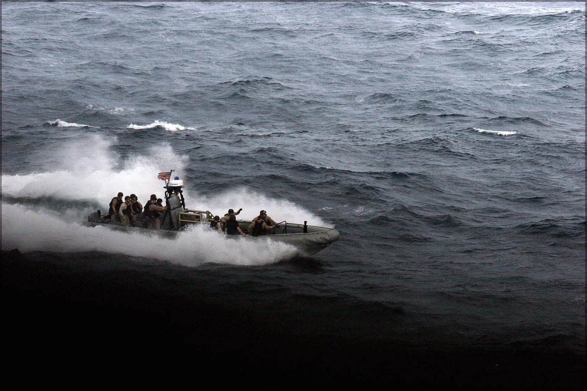 24"x36" Gallery Poster, inflatable craft departs the amphibious transport dock ship USS San Antonio (LPD-17)