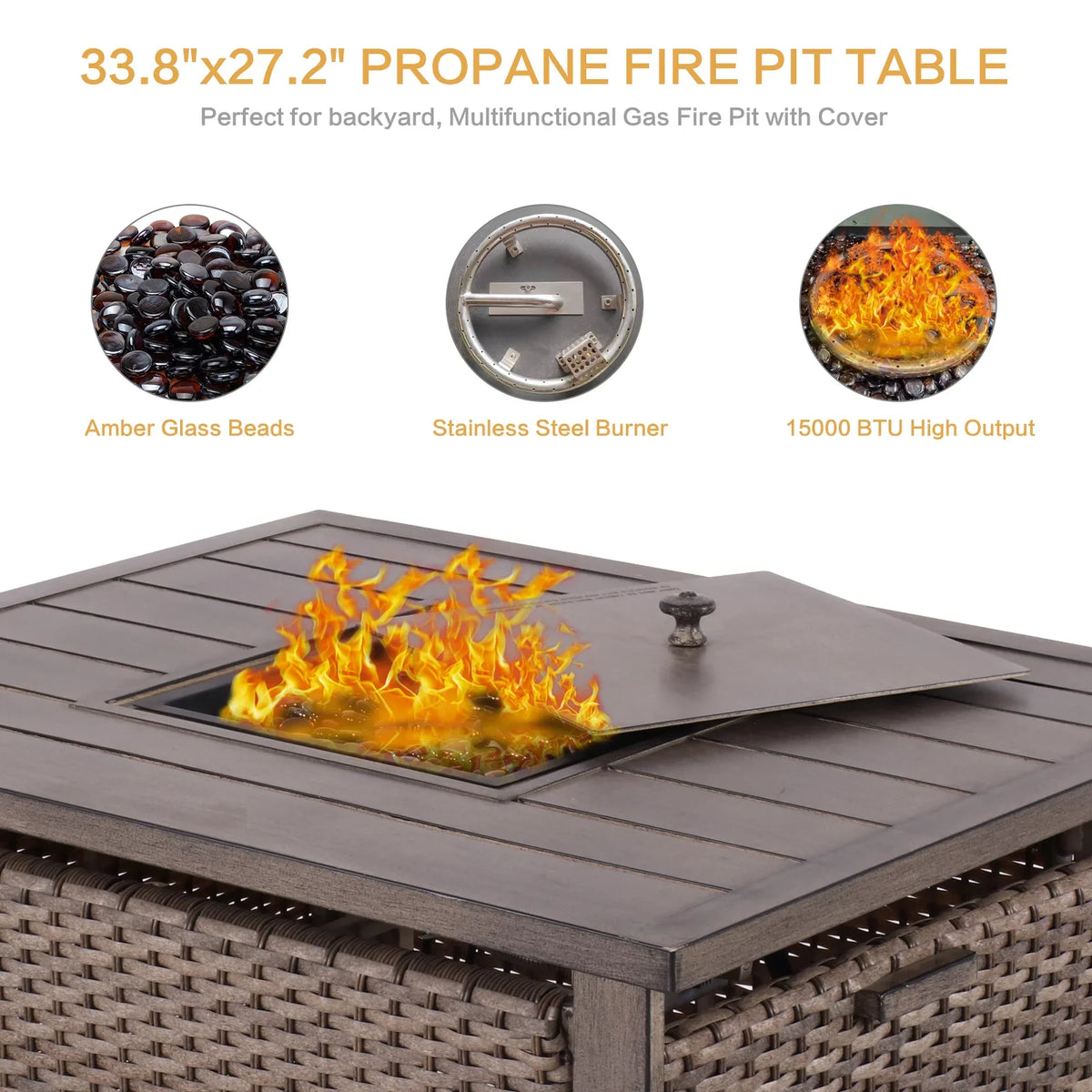 5 Piece Patio Furniture Set with Fire Pit Table, 4 Wicker Rocking Motion Chairs & 33.8"x27.2" 15000 BTU Propane Gas Firepit Table, All-climate Outdoor Conversation Set for Yard Garden Deck