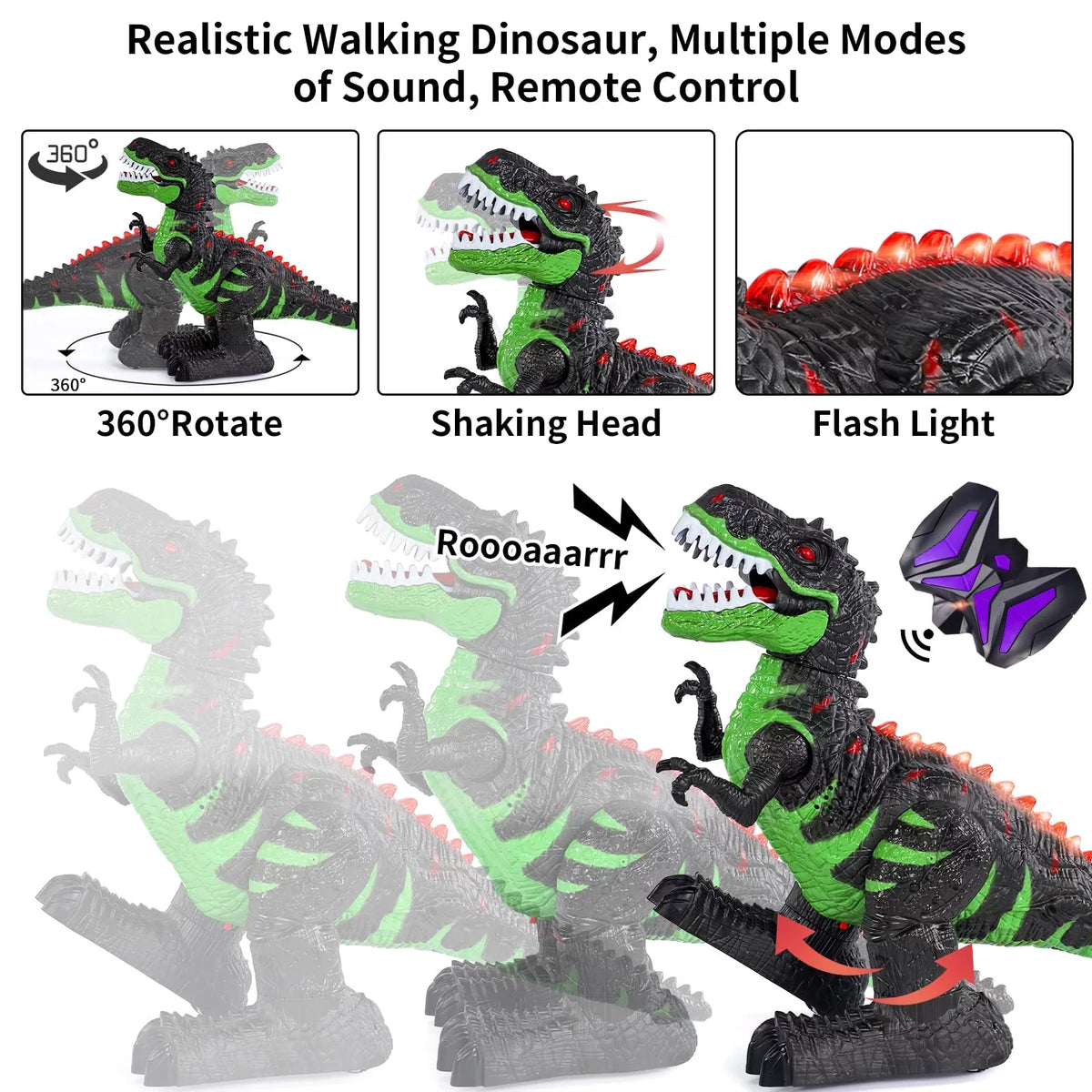 UUGEE Remote Control Dinosaur Toys for Boys Girls 2.4G RC Robot T-rex with Light Sound, Black