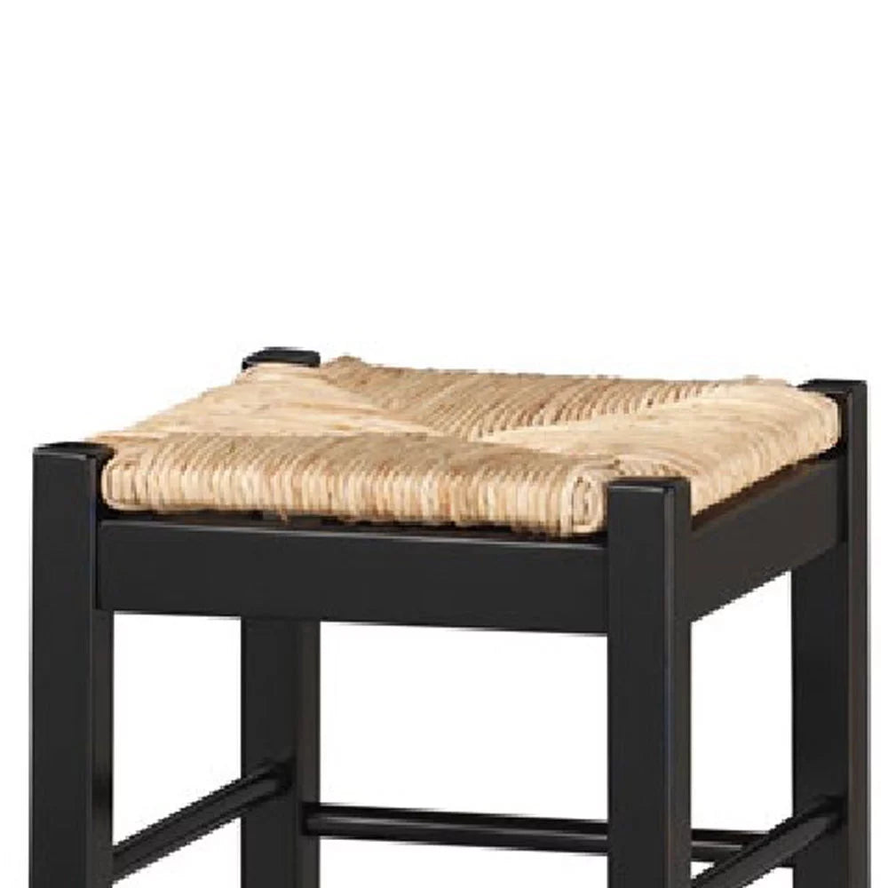 Rush Woven Wooden Frame Barstool with Saber Legs, Beige and Black- Saltoro Sherpi