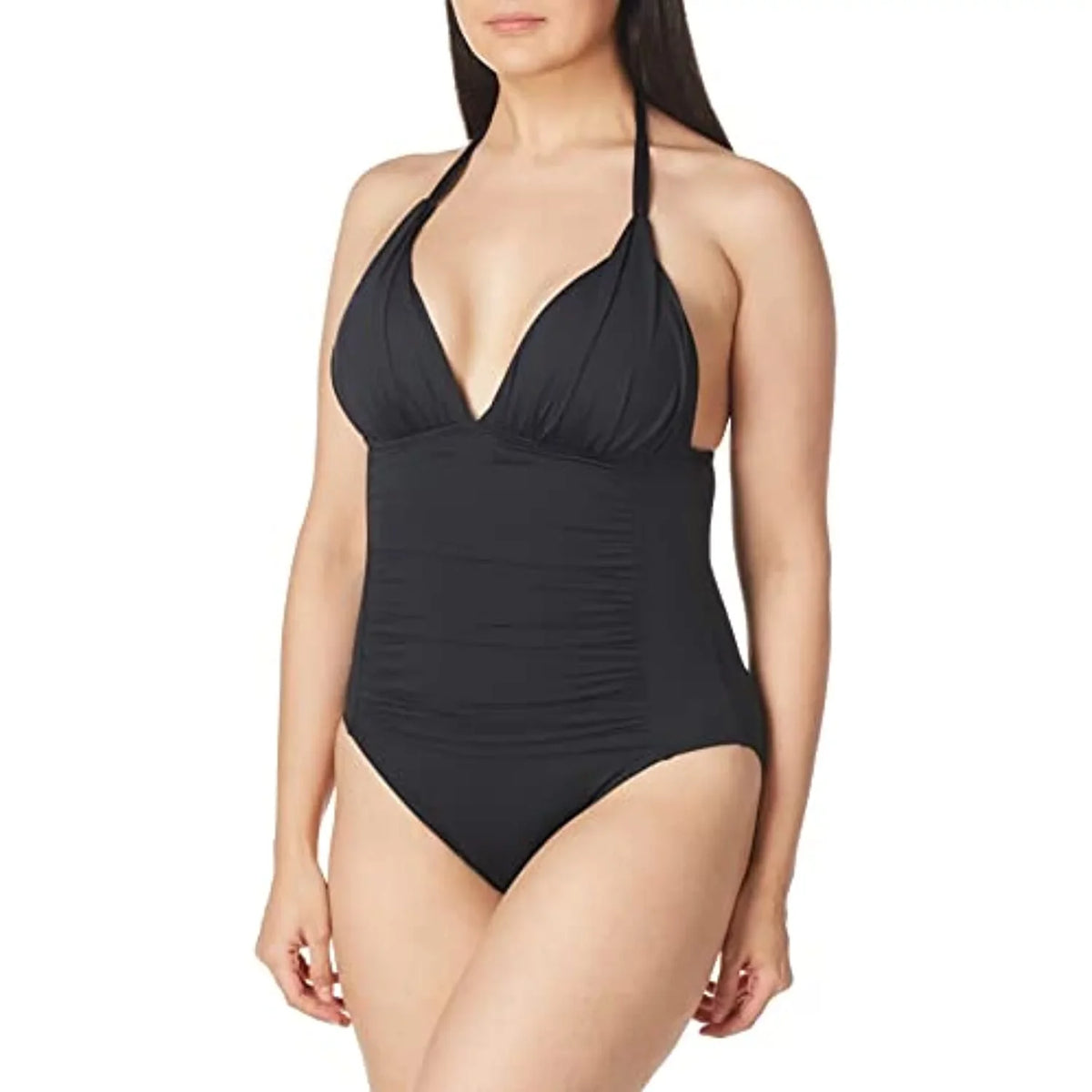La Blanca Women's Standard Island Goddess V-Neck Halter Mio One Piece Swimsuit, Black, 4